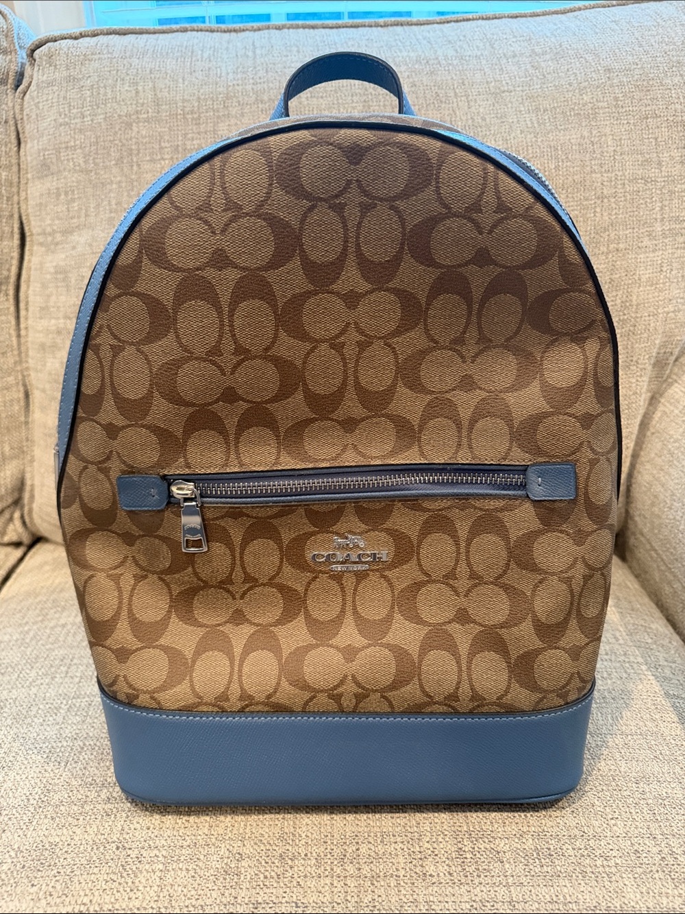 Coach Signature Canvas Backpack in Brown with Blue Trim